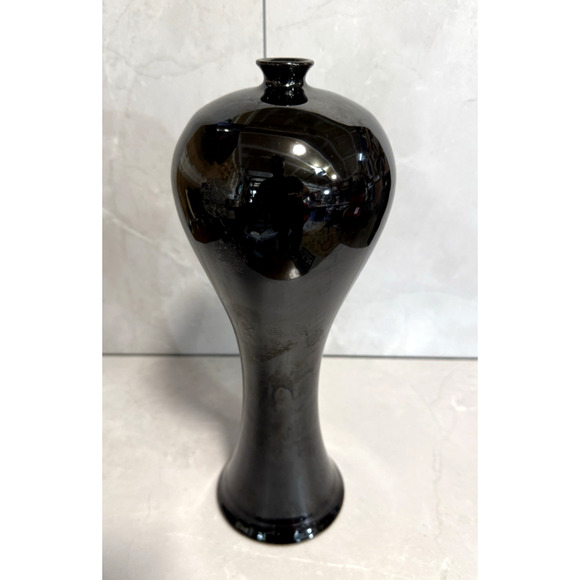 Vintage Mid-Century Chinese Mirror-Black Glaze Porcelain Vase 12" Tall - Picture 1 of 9